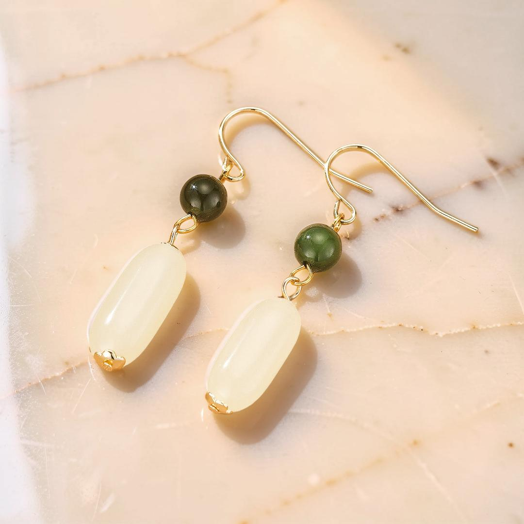 Boucles d’Oreilles Pendantes Jade – Harmonie Bicolore