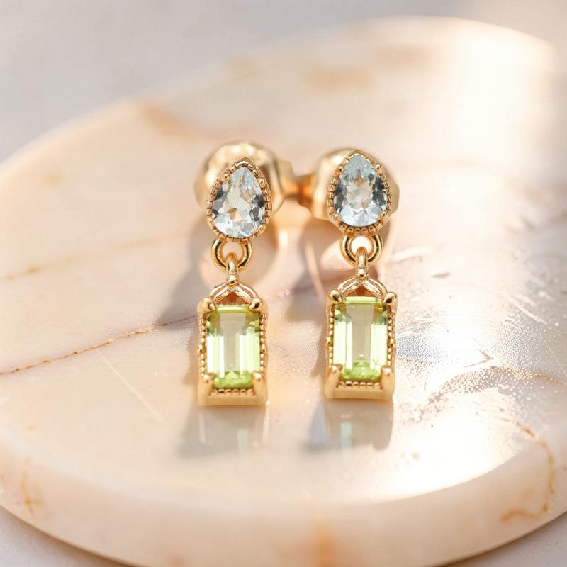 Boucles d'Oreilles Péridot et Topaze – Géométrie Raffinée, Argent Plaqué Or