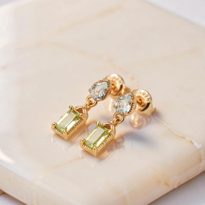 Boucles d'Oreilles Péridot et Topaze – Géométrie Raffinée, Argent Plaqué Or