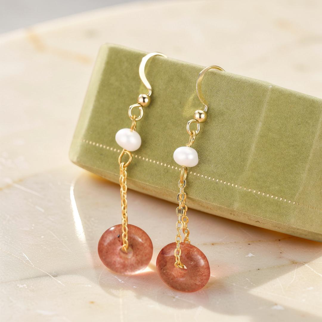Boucles d’oreilles Quartz Fraise et Perle – Éclat Délicat