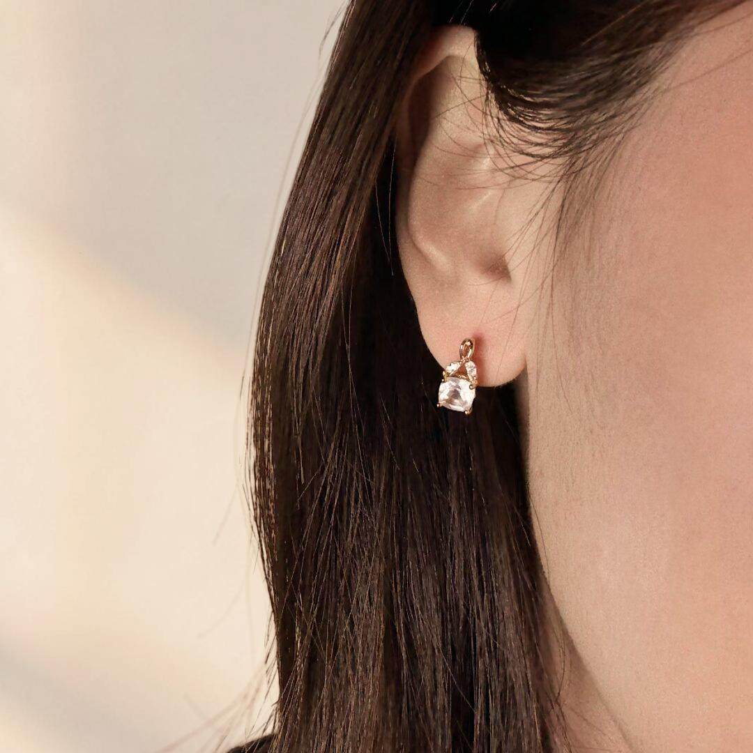 Boucles d'Oreilles Quartz Rose – Élégant Feuillu, Argent Plaqué Or