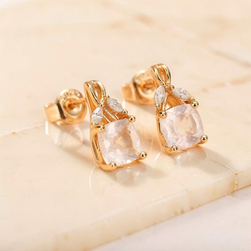 Boucles d'Oreilles Quartz Rose – Élégant Feuillu, Argent Plaqué Or