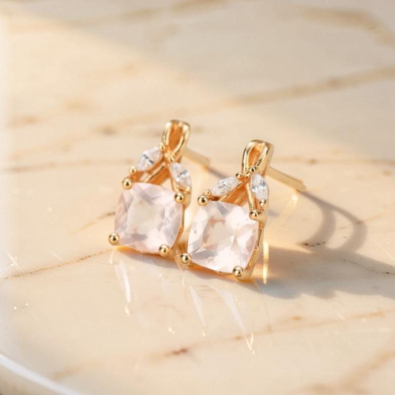Boucles d'Oreilles Quartz Rose – Élégant Feuillu, Argent Plaqué Or