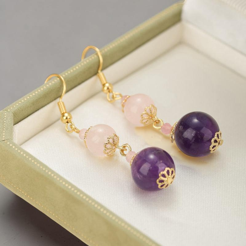 Boucles d'Oreilles Quartz Rose et Améthyste – Plongée Ether