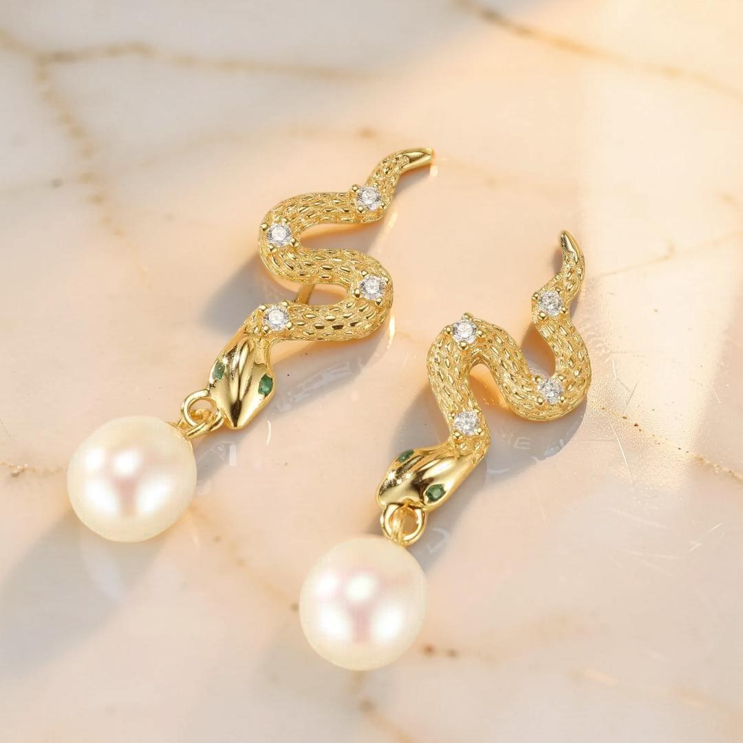 Boucles d’Oreilles Serpent – Mystique Perlée, Argent 925