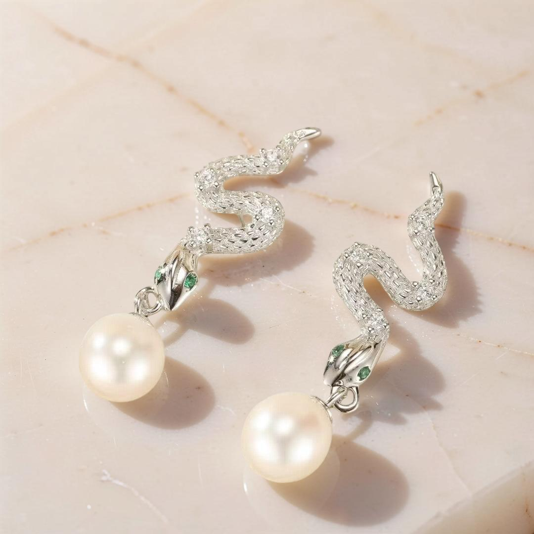 Boucles d’Oreilles Serpent – Mystique Perlée, Argent 925