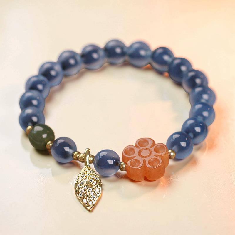 Bracelet Agate Bleue – Feuille Dorée