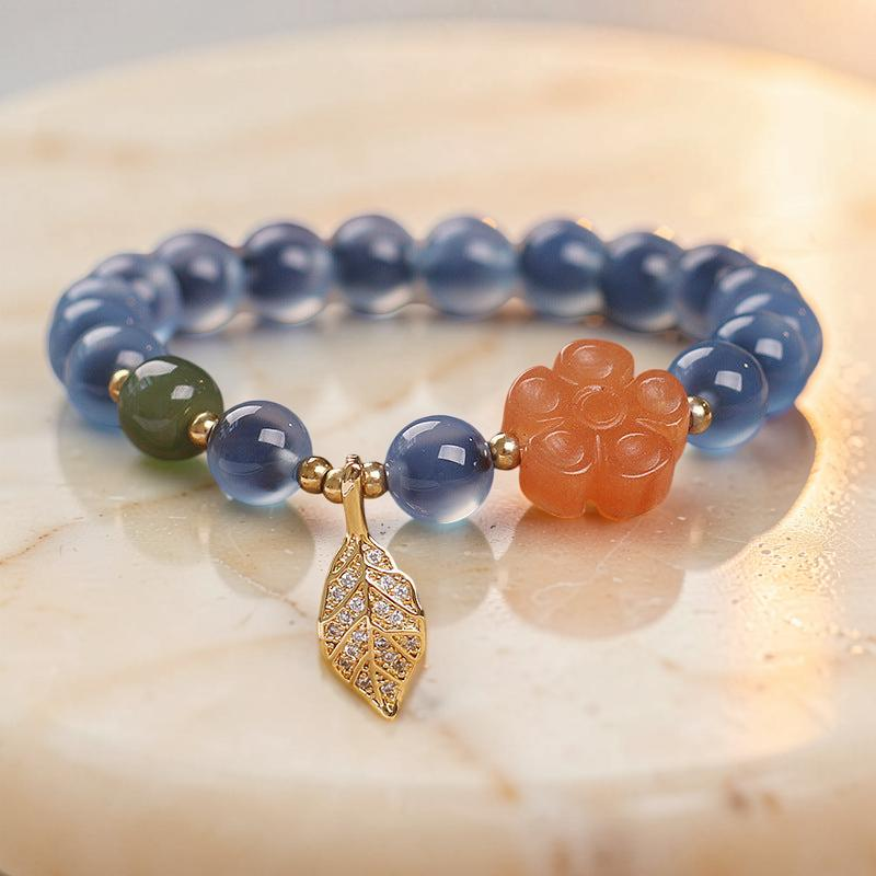 Bracelet Agate Bleue – Feuille Dorée