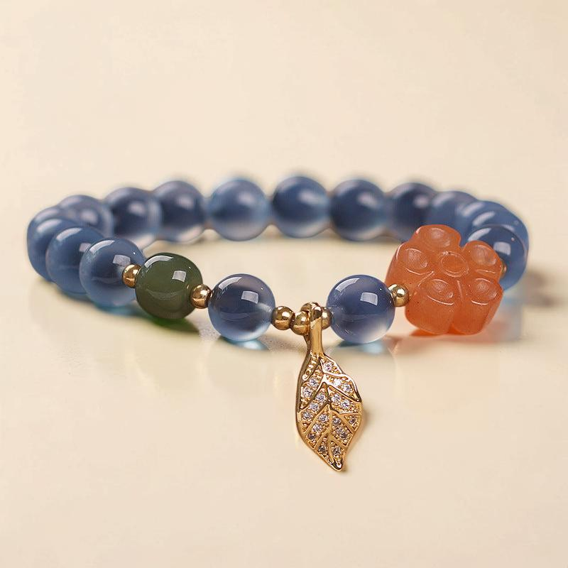 Bracelet Agate Bleue – Feuille Dorée