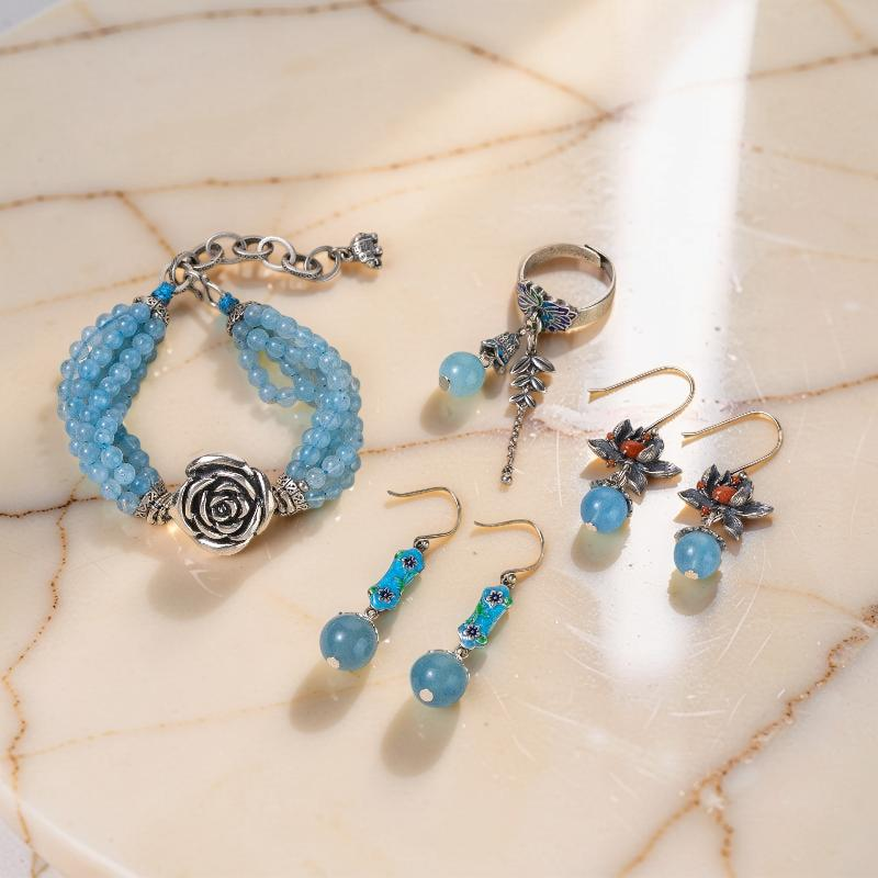 Boucles d'Oreilles Aigue Marine – Lotus Sérénité, Argent