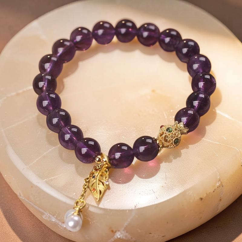 Bracelet Améthyste et Perle – Feuille Dorée