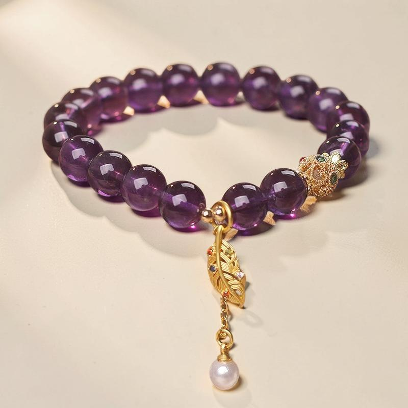 Bracelet Améthyste et Perle – Feuille Dorée