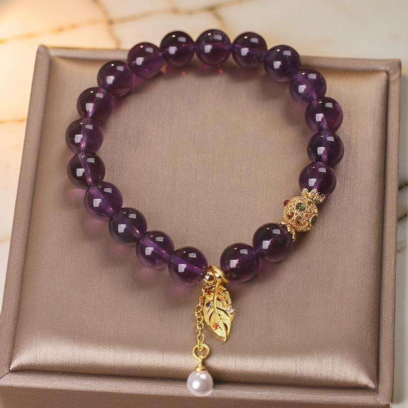Bracelet Améthyste et Perle – Feuille Dorée