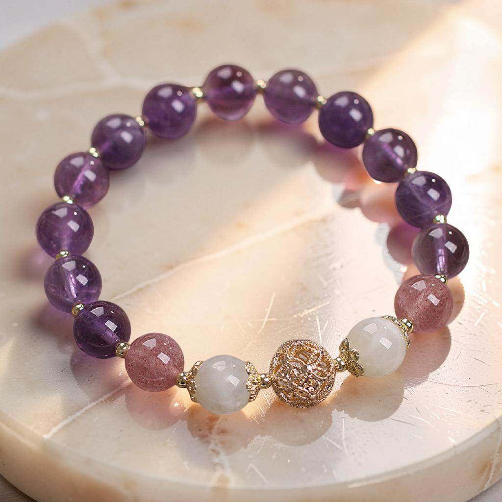 Bracelet Améthyste et Quartz Fraise – Rêve Lilas