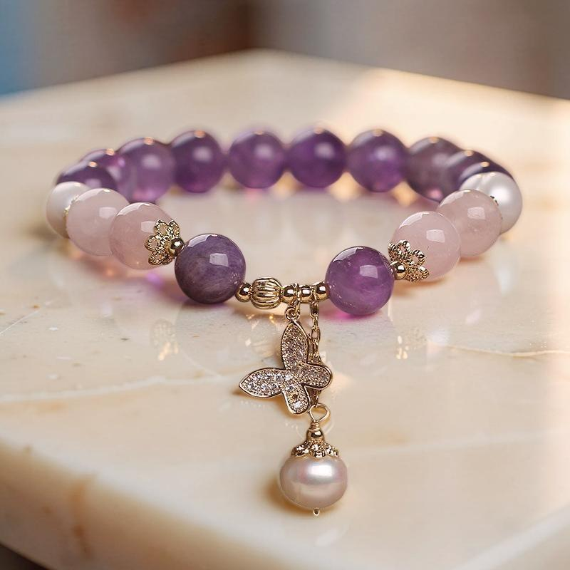 Bracelet Améthyste Quartz Rose et Perle – Papillon