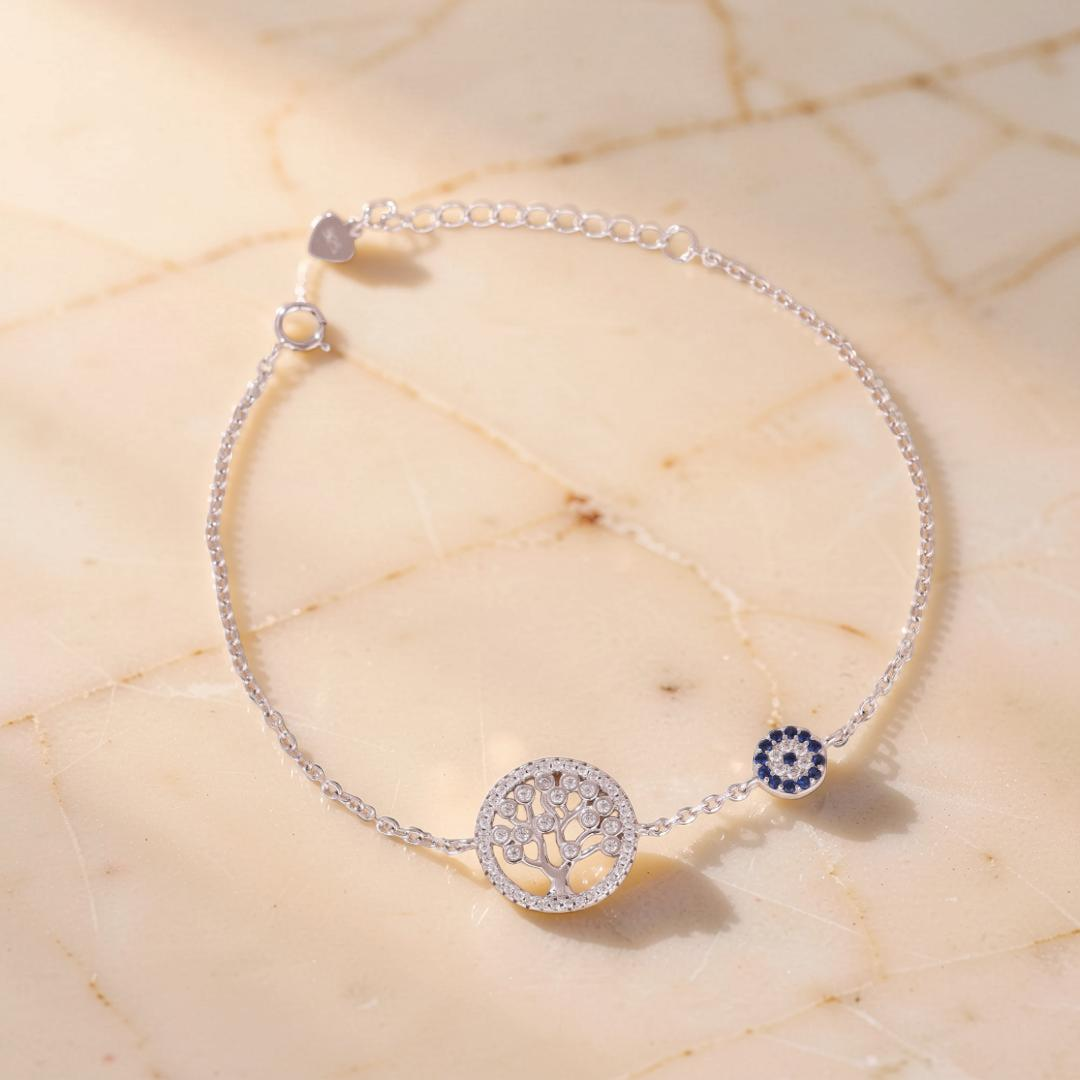 Bracelet Arbre de Vie et Mauvais Œil – Protection Ancestrale, Argent 925
