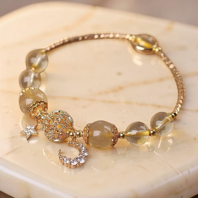 Bracelet Citrine Lune et Étoile – Nuit de Rêveur