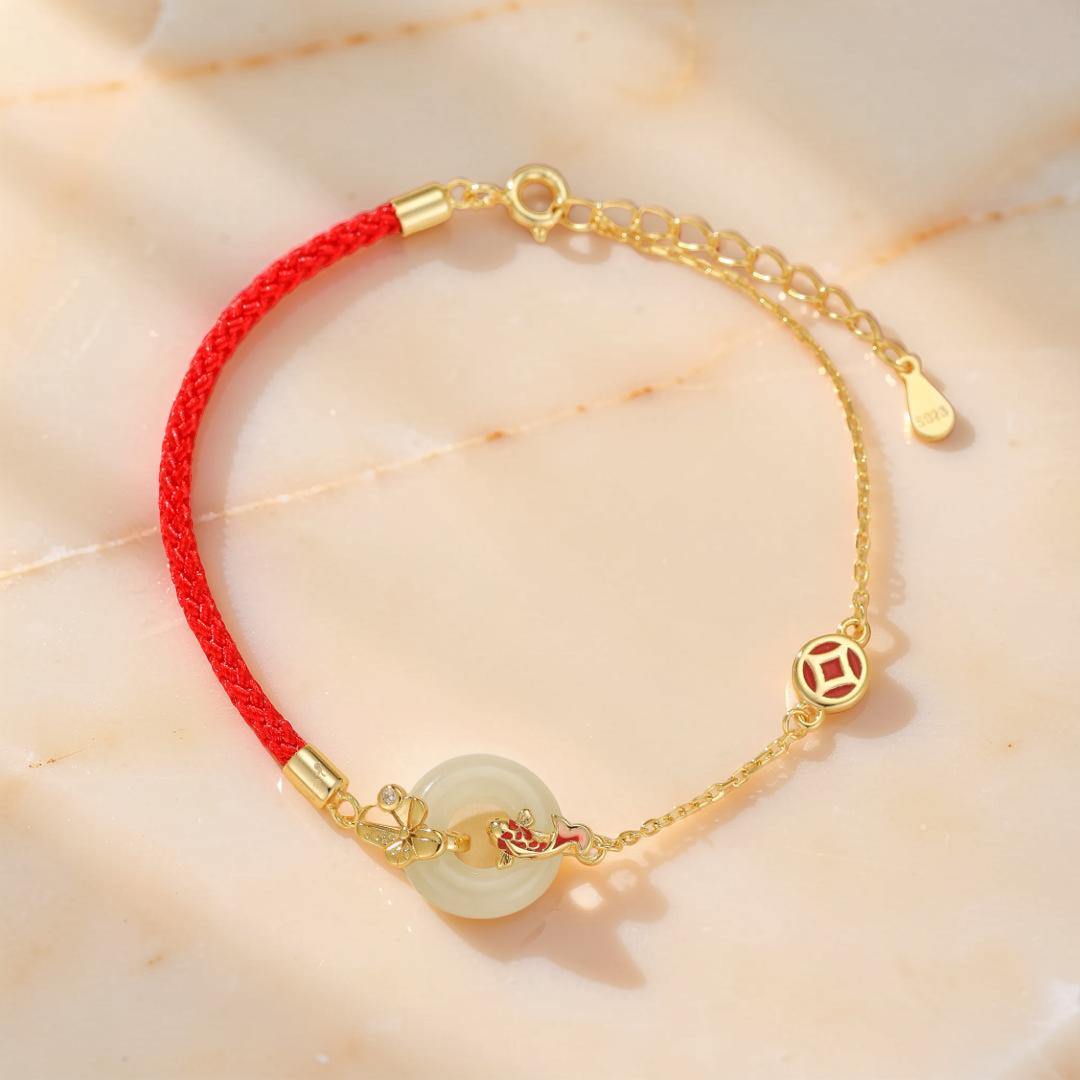 Bracelet Cordon Rouge et Jade – Carpe Koï, Argent Plaqué Or