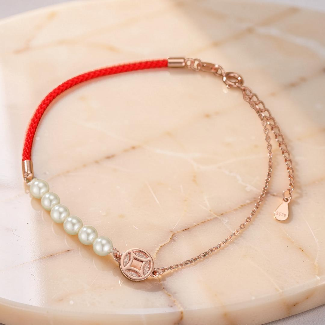 Bracelet Cordon Rouge et Nacre – Abondance, Argent