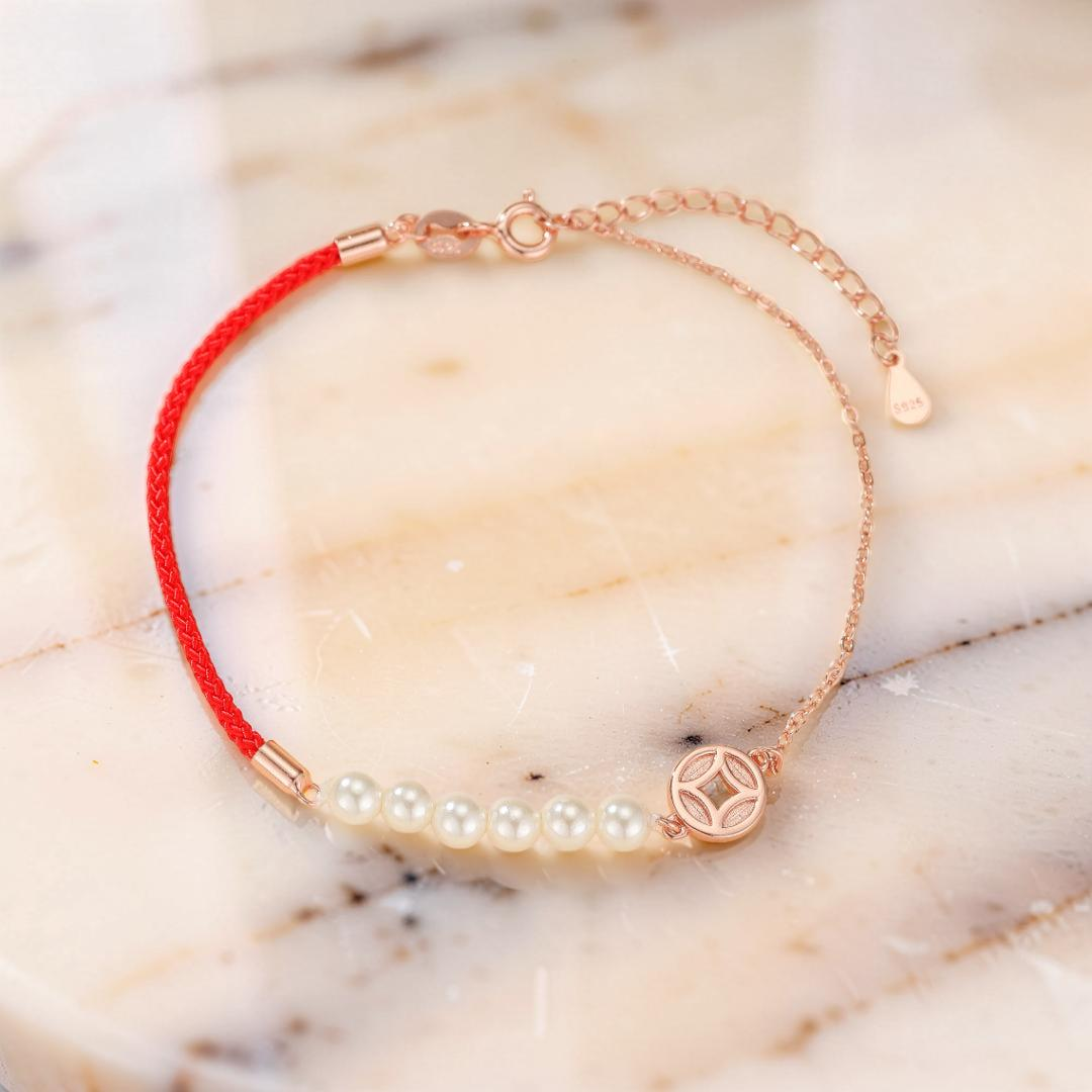 Bracelet Cordon Rouge et Nacre – Abondance, Argent