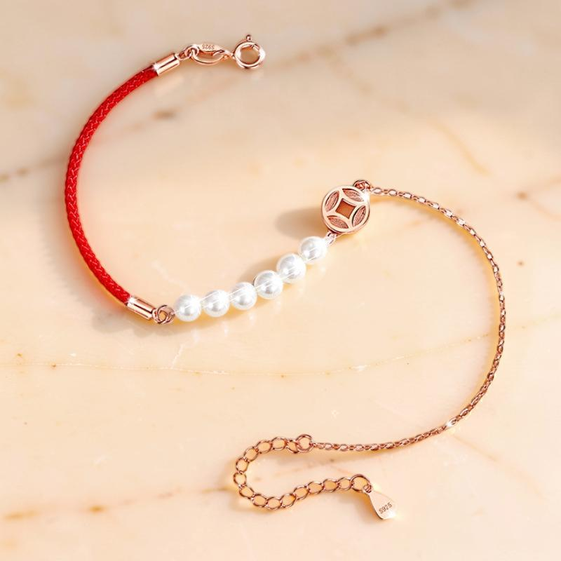 Bracelet Cordon Rouge et Nacre – Abondance, Argent