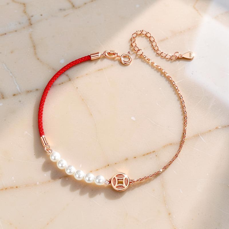 Bracelet Cordon Rouge et Nacre – Abondance, Argent