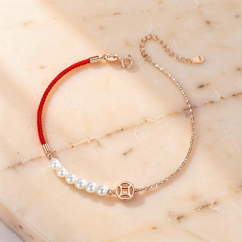 Bracelet Cordon Rouge et Nacre – Abondance, Argent