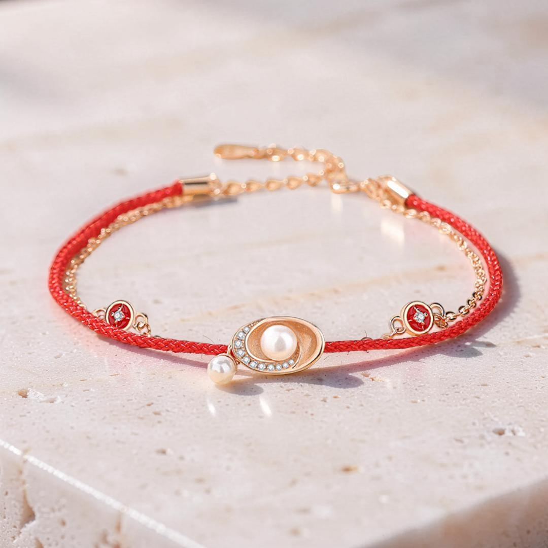 Bracelet Cordon Rouge et Perle – Trésor Marin, Argent Plaqué Or