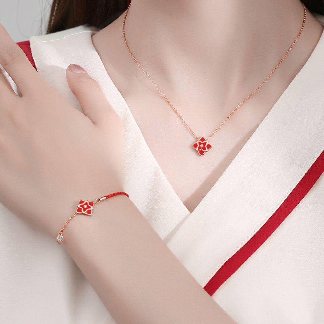 Bracelet Cordon Rouge – Fleur de Chance, Argent 925