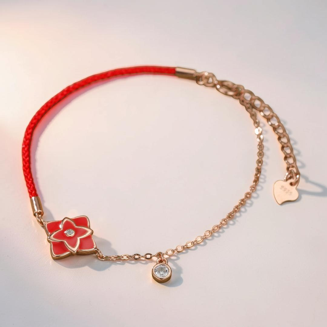 Bracelet Cordon Rouge – Fleur de Chance, Argent 925