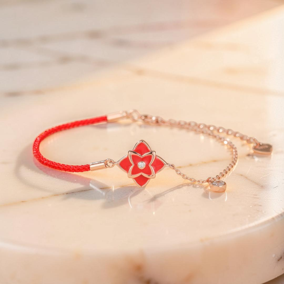 Bracelet Cordon Rouge – Fleur de Chance, Argent 925