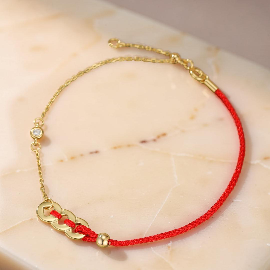 Bracelet Cordon Rouge – Monnaies Porte-Bonheur, Argent Plaqué Or 18K