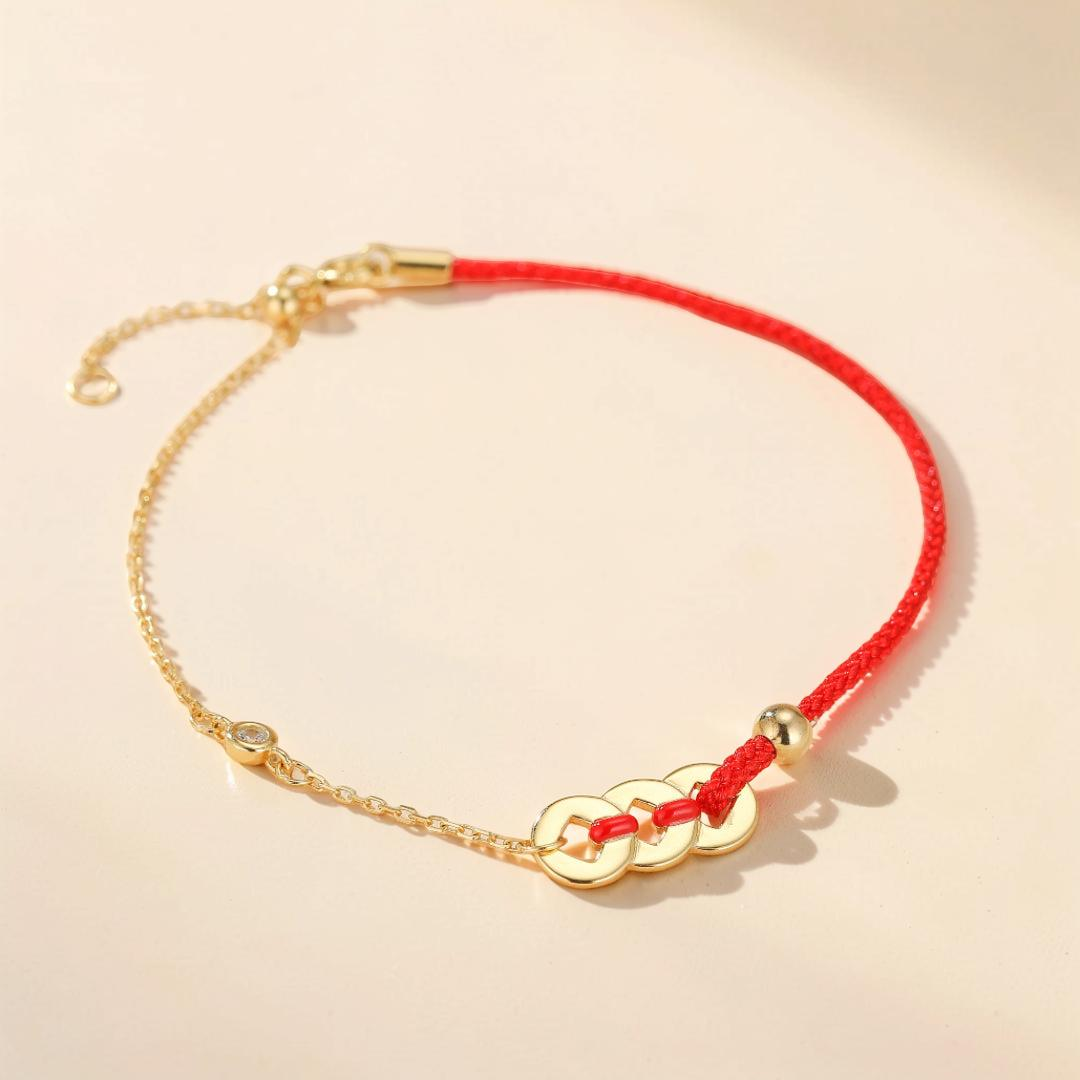 Bracelet Cordon Rouge – Monnaies Porte-Bonheur, Argent Plaqué Or 18K