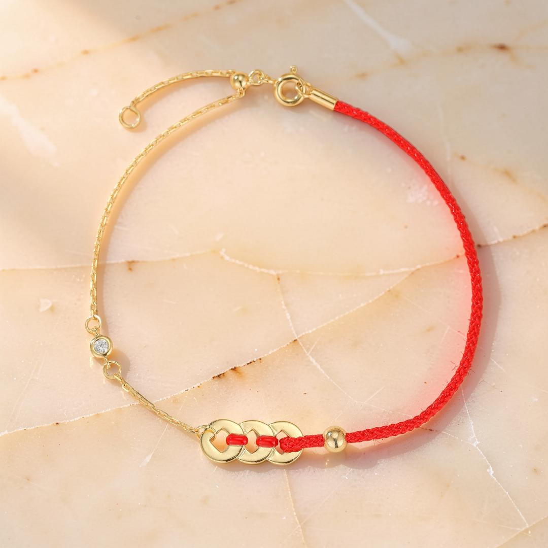Bracelet Cordon Rouge – Monnaies Porte-Bonheur, Argent Plaqué Or 18K
