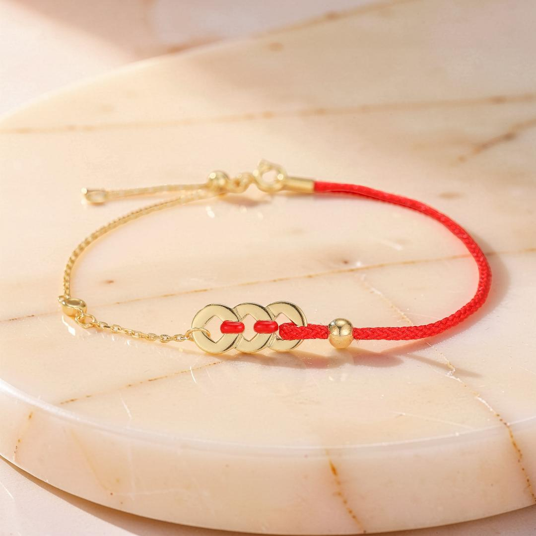 Bracelet Cordon Rouge – Monnaies Porte-Bonheur, Argent Plaqué Or 18K
