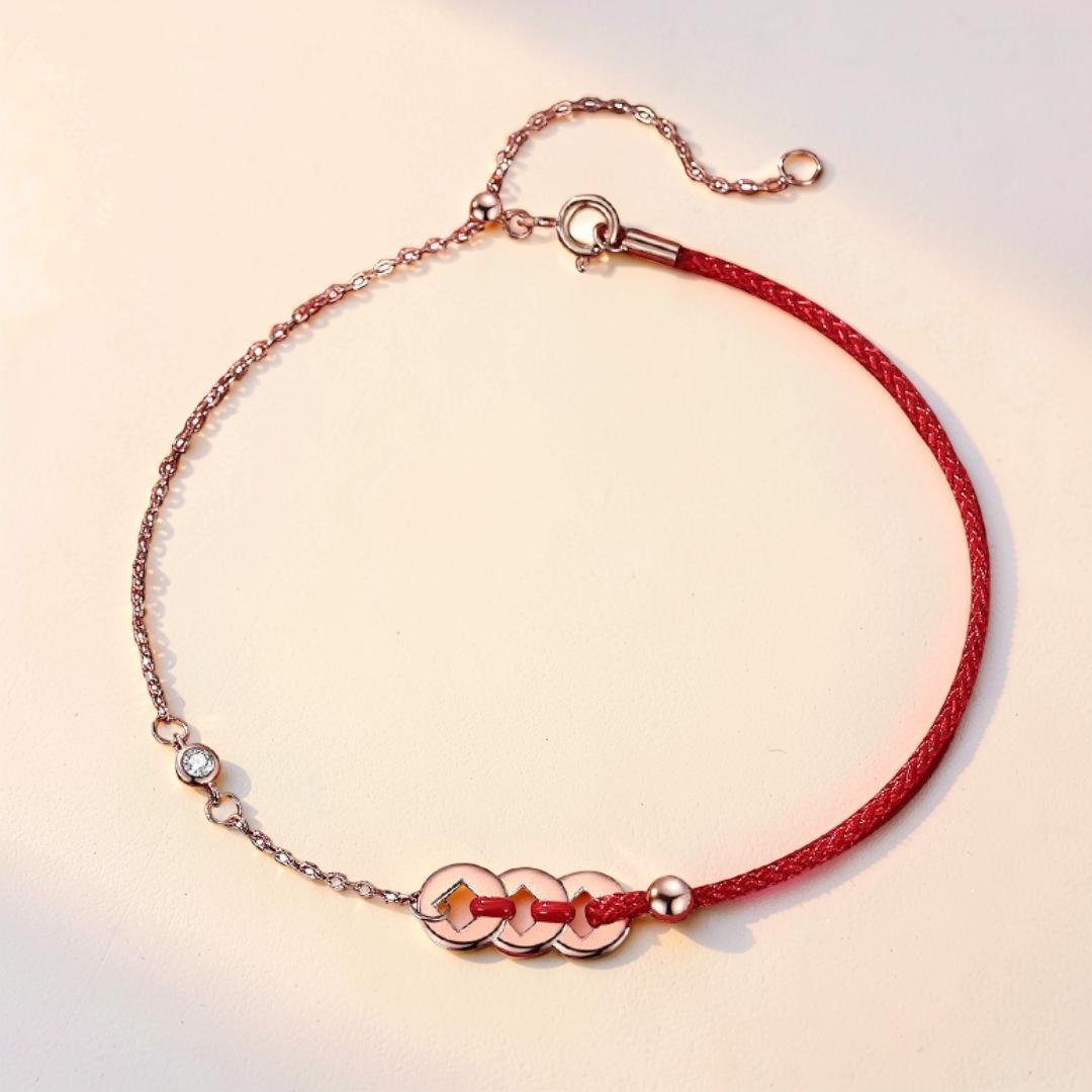 Bracelet Cordon Rouge – Monnaies Porte-Bonheur, Argent Plaqué Or 18K