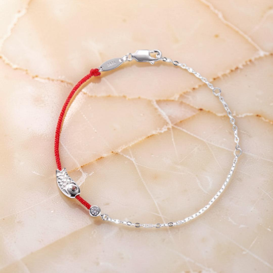 Bracelet Cordon Rouge – Poisson Porte-Bonheur, Argent 925