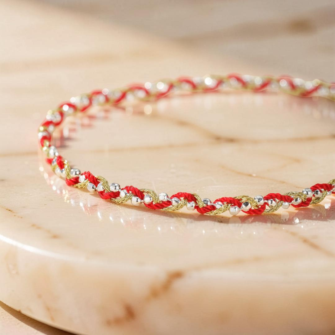 Bracelet Cordon Rouge – Tresse de Chance, Argent 925 et Fil Or 14K