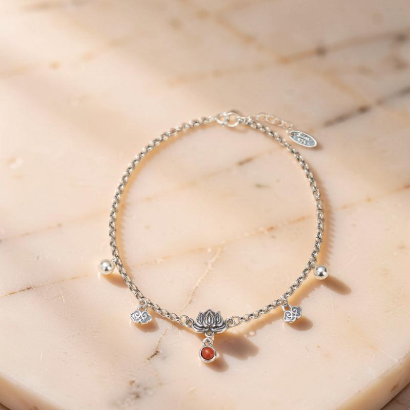 Bracelet de Cheville Lotus en Agate – Mer Enchantée, Argent
