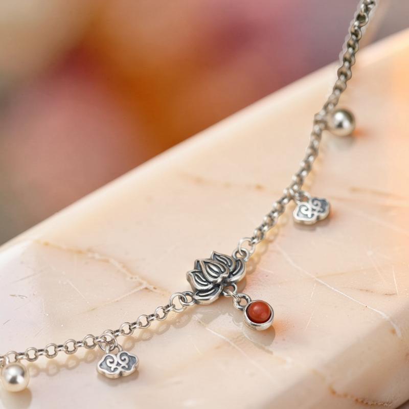 Bracelet de Cheville Lotus en Agate – Mer Enchantée, Argent