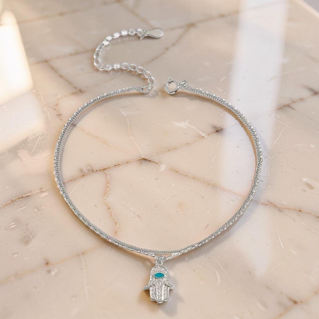 Bracelet de Cheville Main de Fatma – Protection Élégante, Argent 925