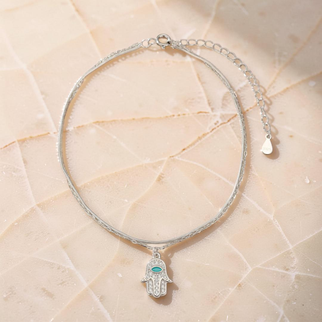 Bracelet de Cheville Main de Fatma – Protection Élégante, Argent 925