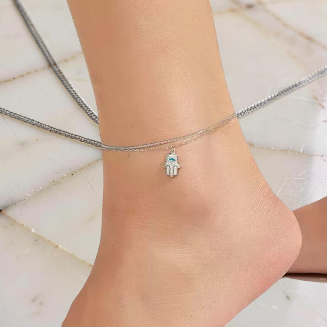 Bracelet de Cheville Main de Fatma – Protection Élégante, Argent 925