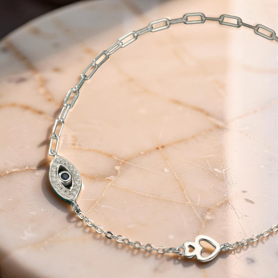 Bracelet de Cheville Mauvais Œil – Protection Éclatante, Argent 925