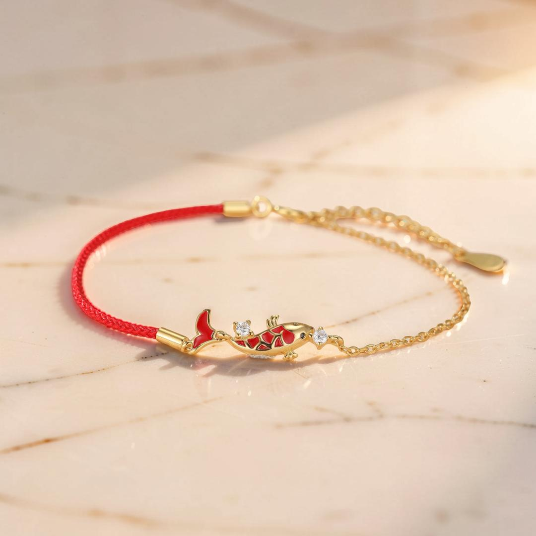 Bracelet Fil Rouge avec Carpe Koï – Chance, Argent 925