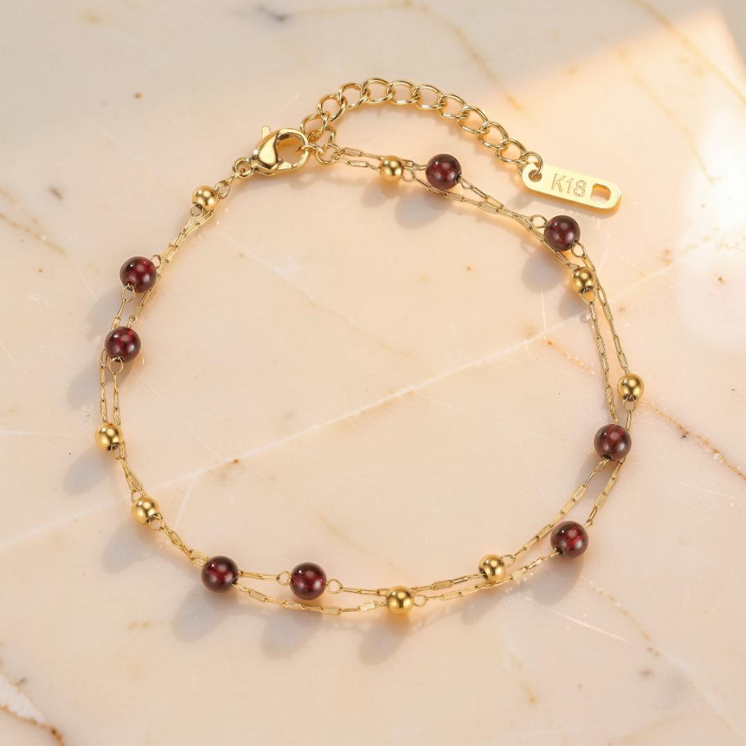 Bracelet Grenat – Cœur de Passion, Plaqué Or 18K