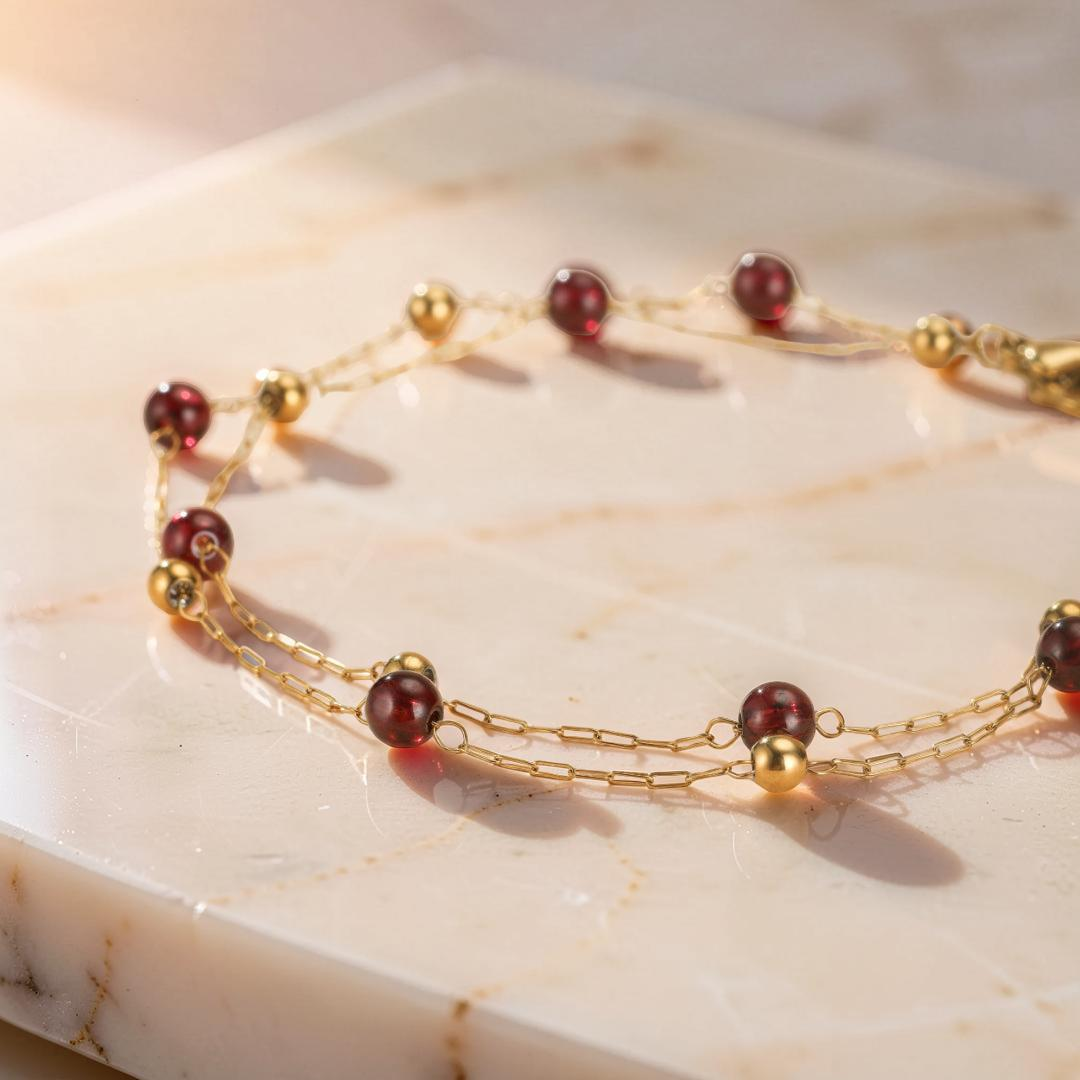 Bracelet Grenat – Cœur de Passion, Plaqué Or 18K