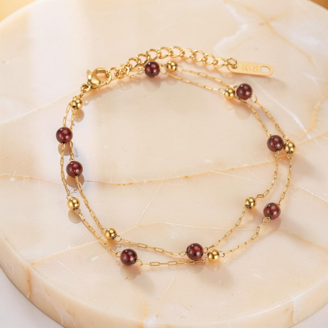 Bracelet Grenat – Cœur de Passion, Plaqué Or 18K