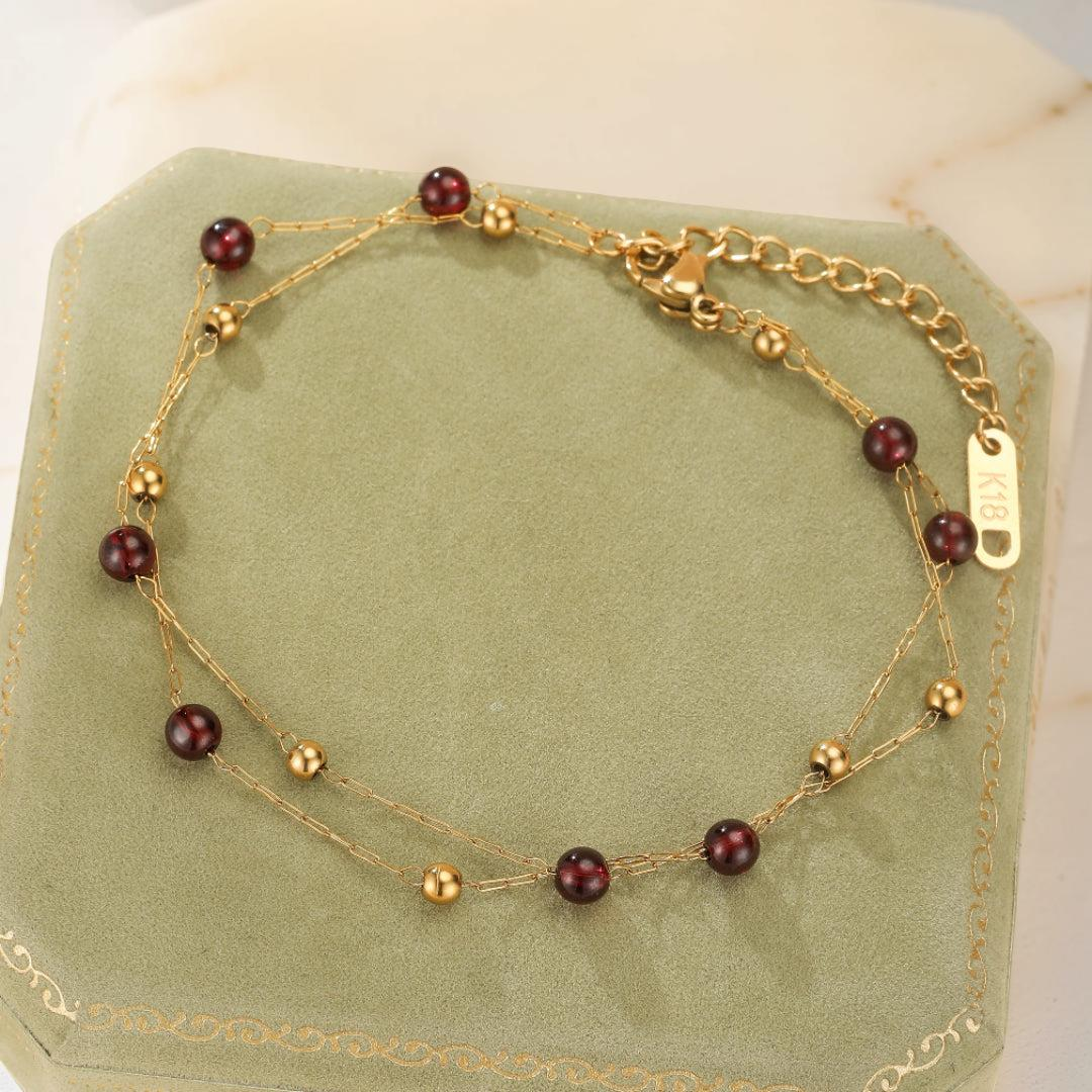 Bracelet Grenat – Cœur de Passion, Plaqué Or 18K