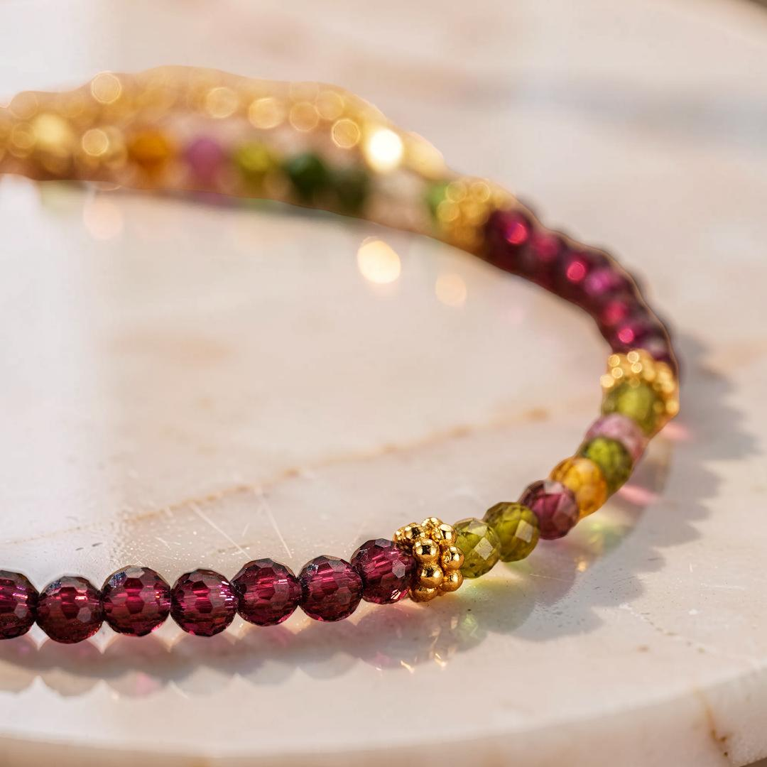 Bracelet Grenat et Tourmaline – Équilibre Chromatique, Argent Plaqué Or